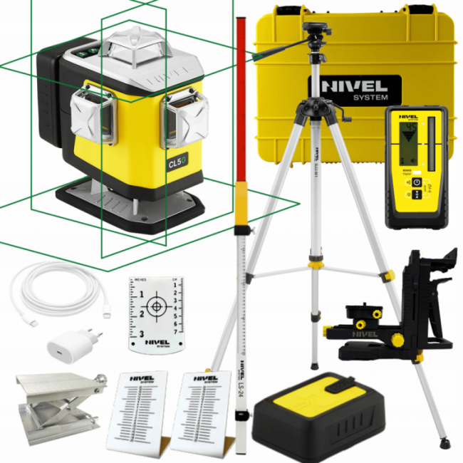 NIVEL SYSTEM LASER KRZYŻOWY ZE SPADKAMI CL5G ZE STATYWEM SJJM1EX I CZUJNIKIEM CYFROWYM RD800 I ŁATĄ LS24