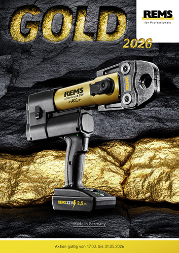 REMS Akku-Press E 22V ACC GOLD EDITION – Akumulatorowa prasa promieniowa 32 kN + Zestaw 3 szczęk U/TH (Złota Edycja Limitowana)